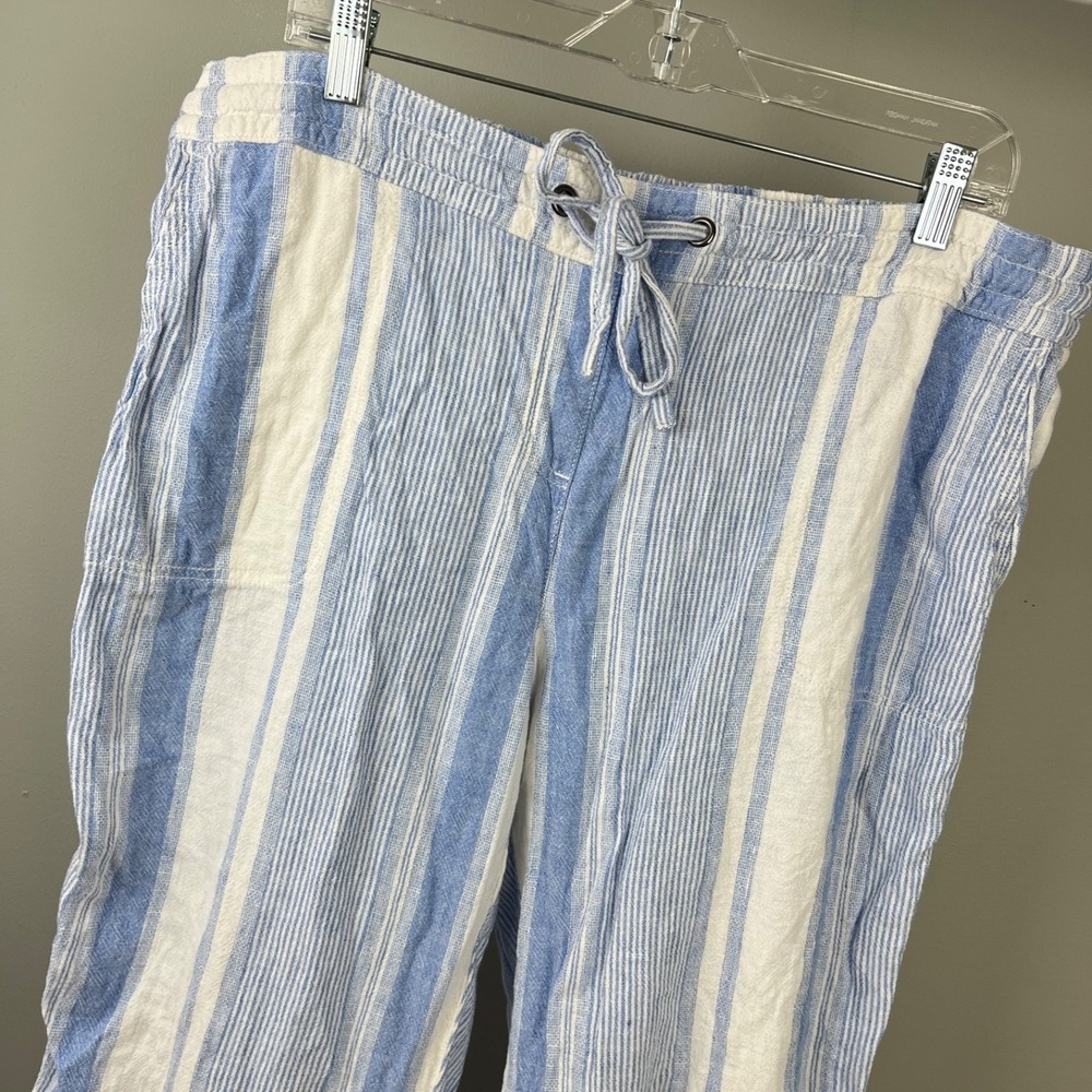 Per Se Linen Blend Pull On Crop Pants Womens XL Blue White Stripe Coastal Breezy